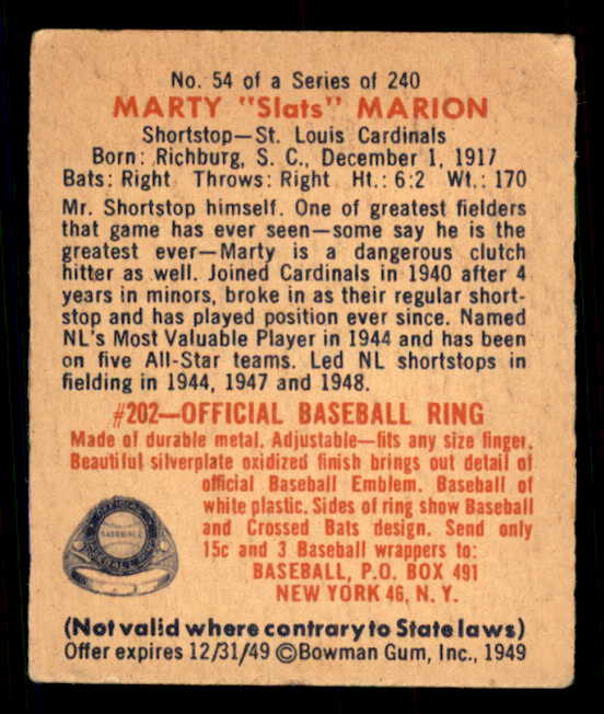1949 Bowman Baseball #054 Marty Marion Cardinals VG-EX 548938