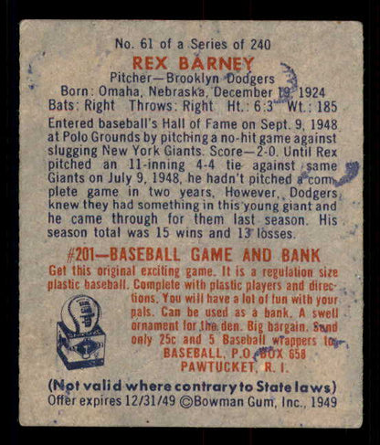 1949 Bowman Baseball #061 Rex Barney Dodgers GD-VG 548943
