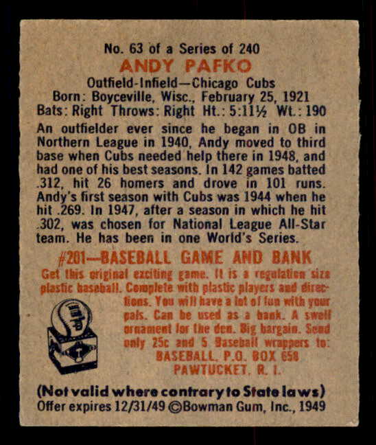 1949 Bowman Baseball #063 Andy Pafko Cubs EX-MT 548945