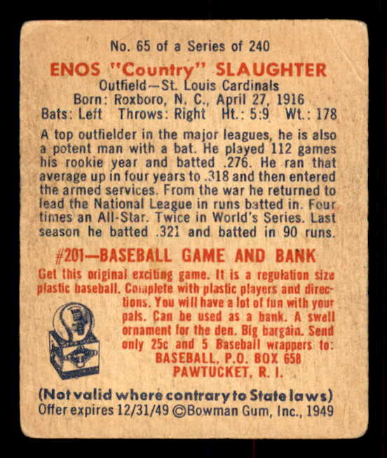 1949 Bowman Baseball #065 Enos Slaughter Cardinals VG 548947