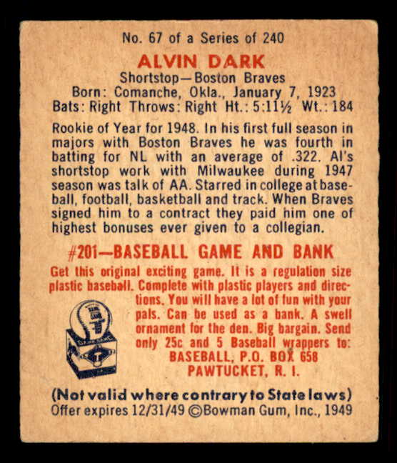 1949 Bowman Baseball #067 Alvin Dark Braves VG-EX 548949