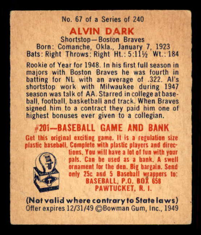 1949 Bowman Baseball #067 Alvin Dark Braves VG-EX 548949