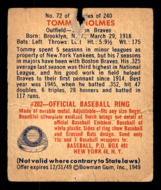 1949 Bowman Baseball #072 Tommy Holmes Braves Poor 548954
