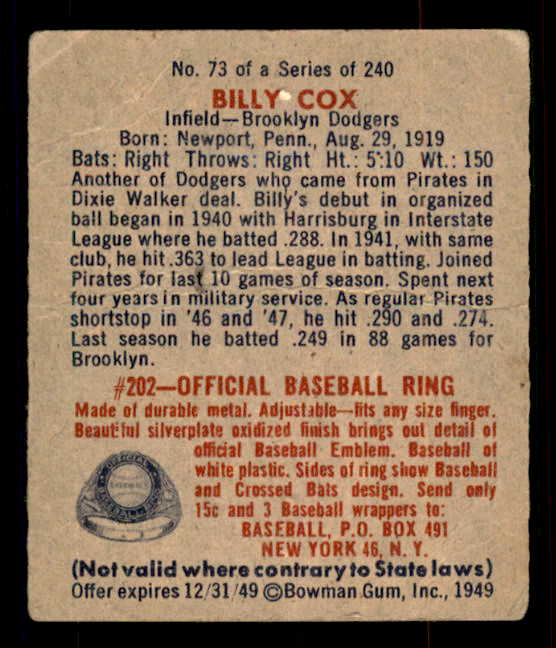 1949 Bowman Baseball #073 Billy Cox Dodgers GD-VG 548955