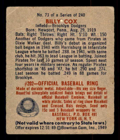 1949 Bowman Baseball #073 Billy Cox Dodgers GD-VG 548955