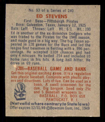 1949 Bowman Baseball #093 Ed Stevens Pirates NR-MT 548974