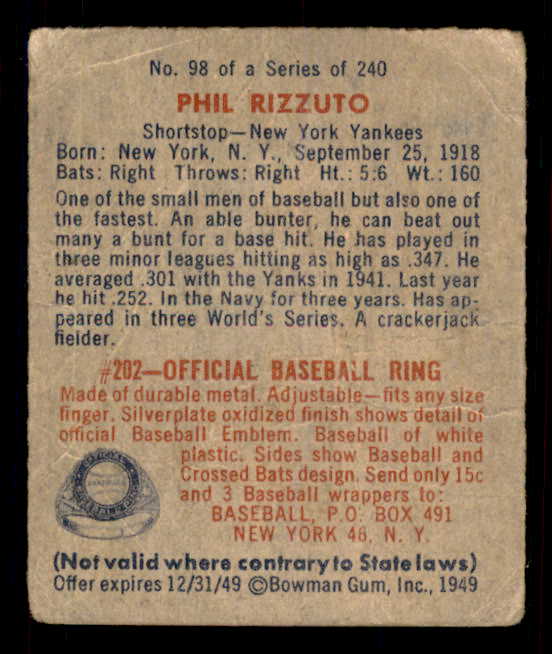 1949 Bowman Baseball #098 Phil Rizzuto Yankees GD-VG No Name Front 548979