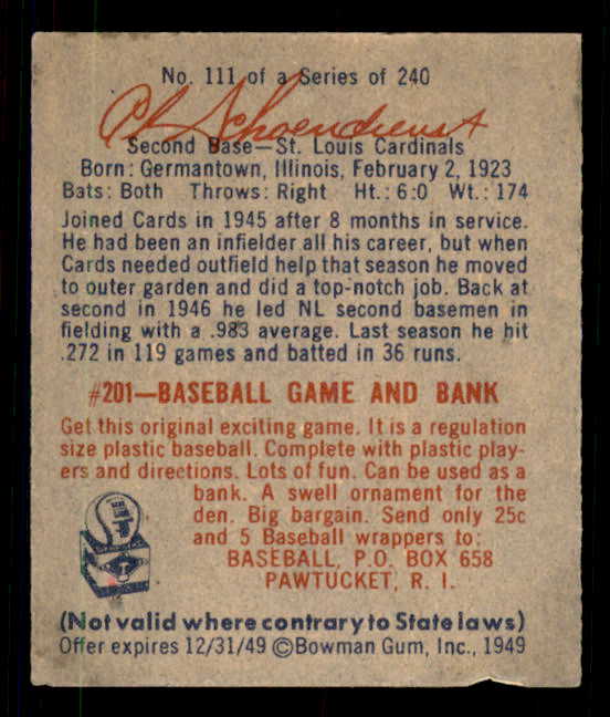 1949 Bowman Baseball #111 Red Schoendienst Cardinals Good tape residue 548990