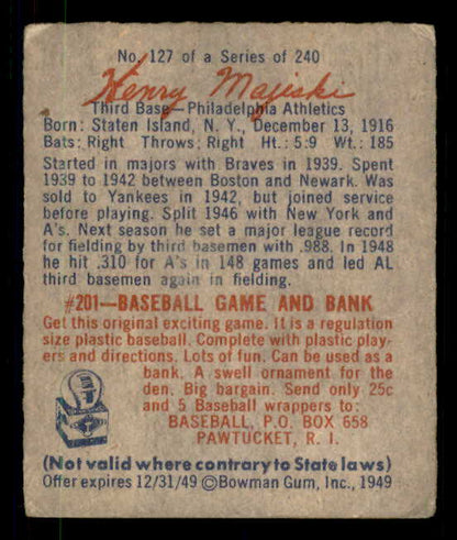 1949 Bowman Baseball #127 Henry Majeski A's Good Script 549005
