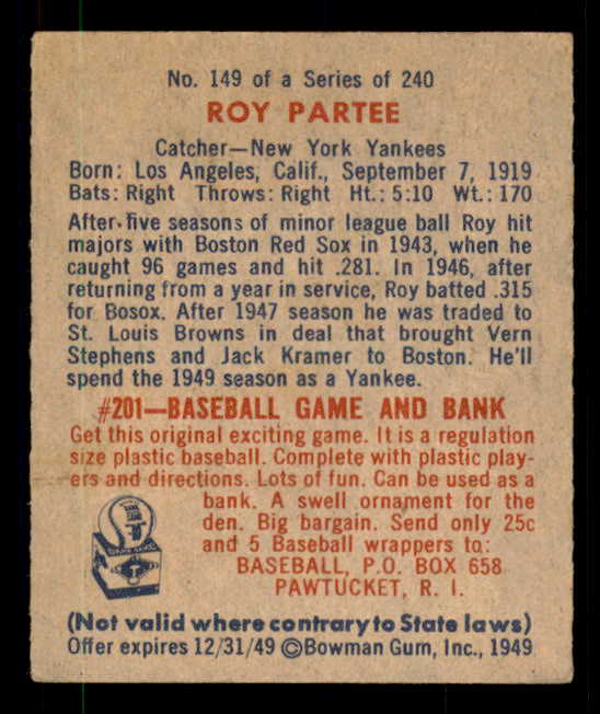 1949 Bowman Baseball #149 Roy Partee Yankees EX 549025