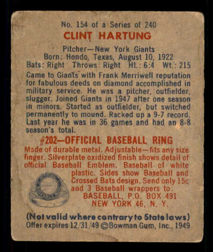 1949 Bowman Baseball #154 Clint Hartung Giants VG-EX 549030
