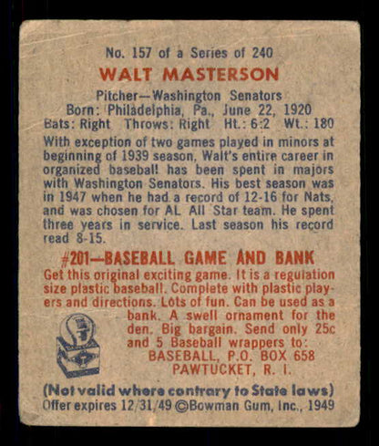 1949 Bowman Baseball #157 Walt Masterson Senators VG-EX 549033