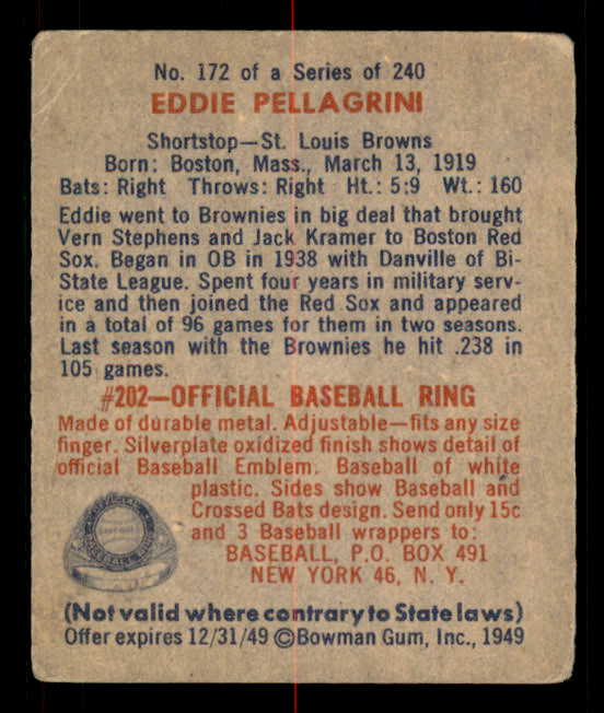 1949 Bowman Baseball #172 Eddie Pellagrini Browns VG-EX 549047