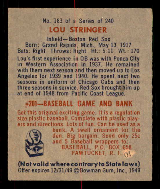1949 Bowman Baseball #183 Lou Stringer Red Sox EX 549057