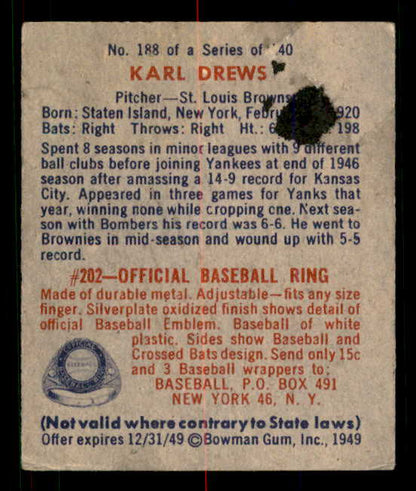 1949 Bowman Baseball #188 Karl Drews Browns Good residue back 549062
