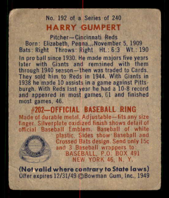 1949 Bowman Baseball #192 Harry Gumbert Reds VG-EX 549066