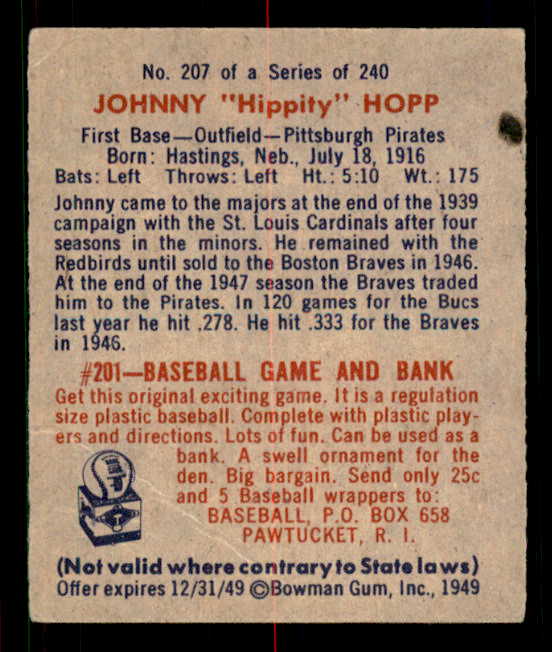 1949 Bowman Baseball #207 Johnny Hopp Pirates VG-EX 549081