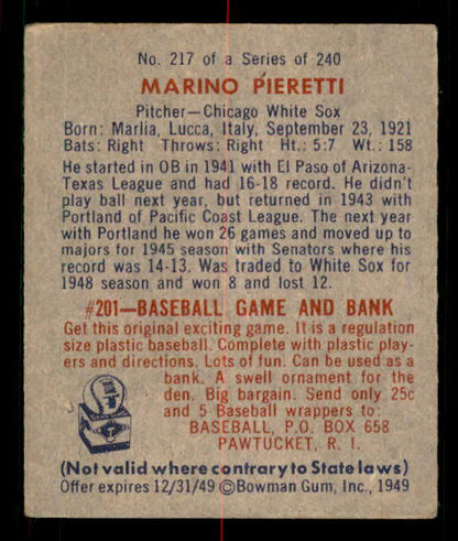 1949 Bowman Baseball #217 Marino Pieretti White Sox EX 549089