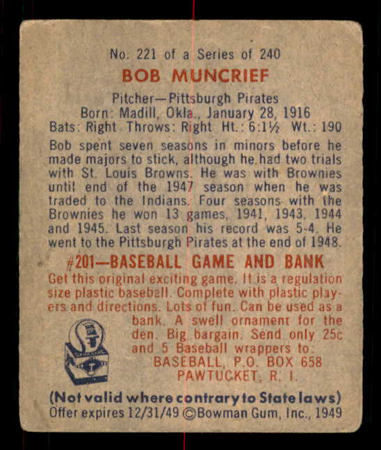 1949 Bowman Baseball #221 Bob Muncrief Pirates VG-EX 549093