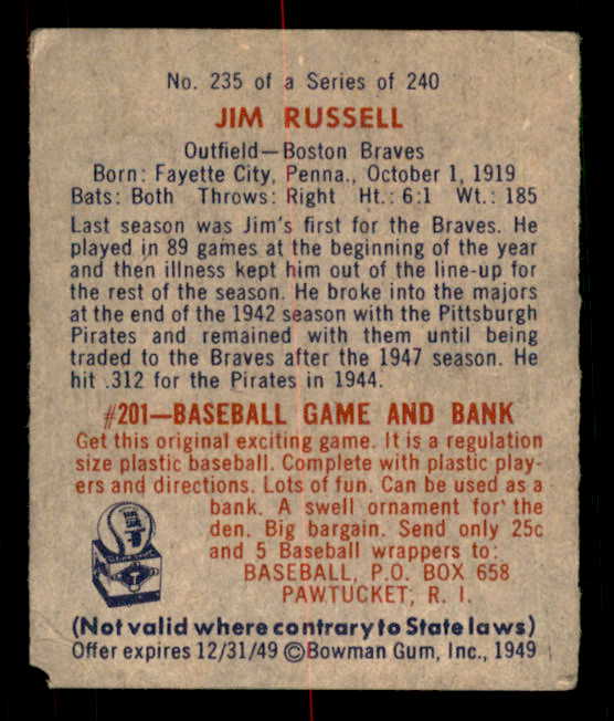 1949 Bowman Baseball #235 Jim Russell Braves VG-EX 549103