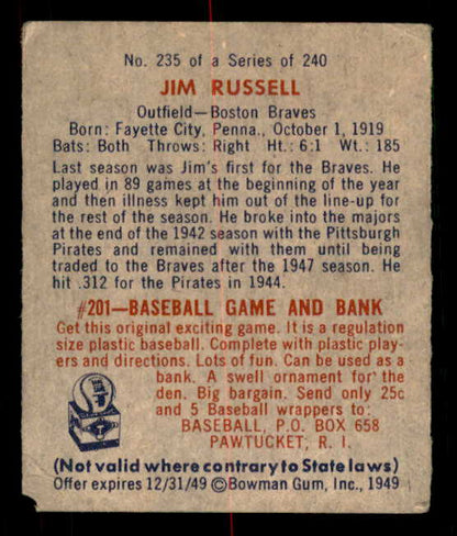 1949 Bowman Baseball #235 Jim Russell Braves VG-EX 549103
