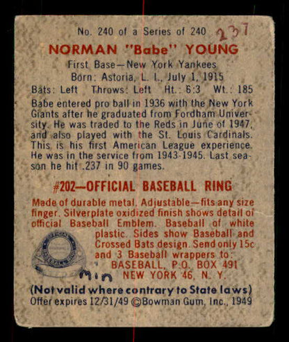 1949 Bowman Baseball #240 Babe Young Yankees VG-EX 549107