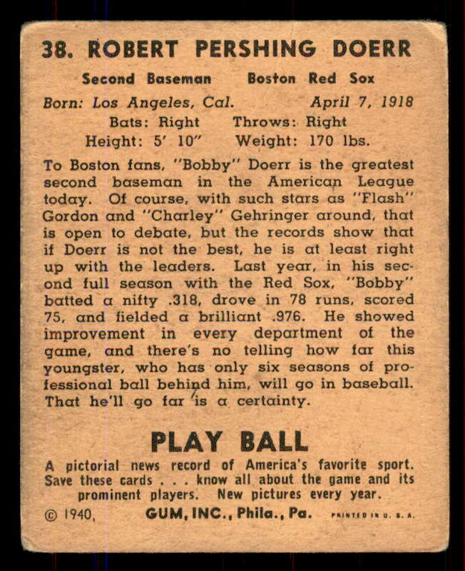 1940 Play Ball #038 Bobby Doerr Red Sox VG-EX 549181