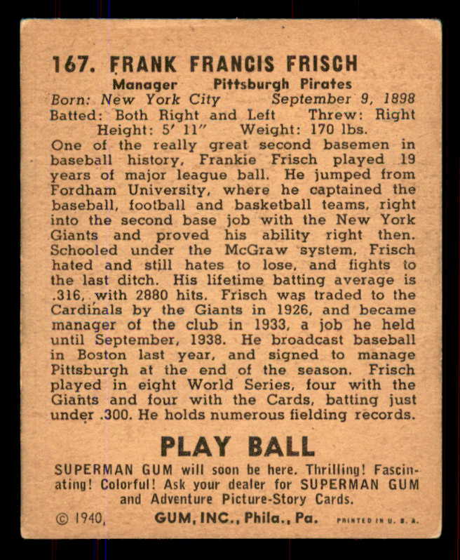 1940 Play Ball #167 Frank Frisch Pirates VG-EX 549183