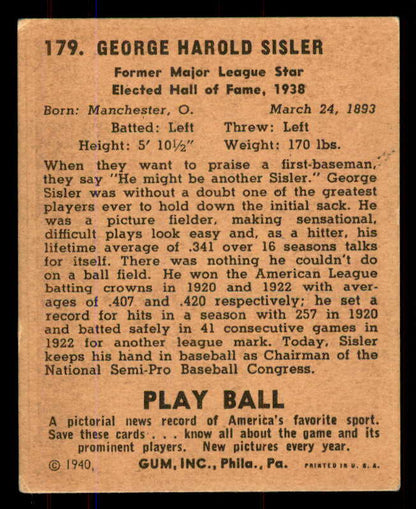 1940 Play Ball #179 George Sisler Browns EX 549192