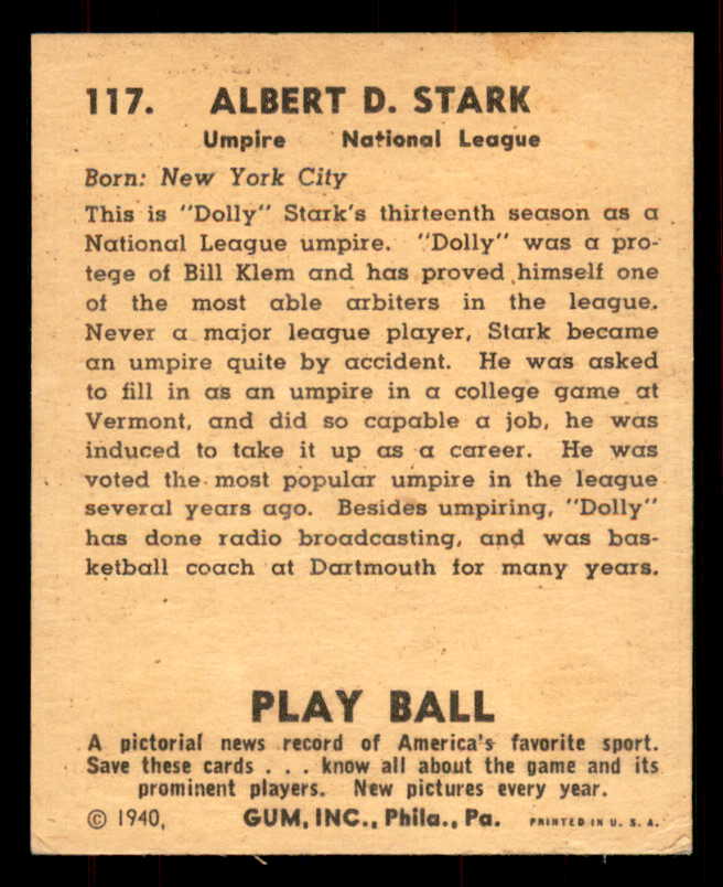 1940 Play Ball #117 Dolly Stark Umpire EX-MT 549195
