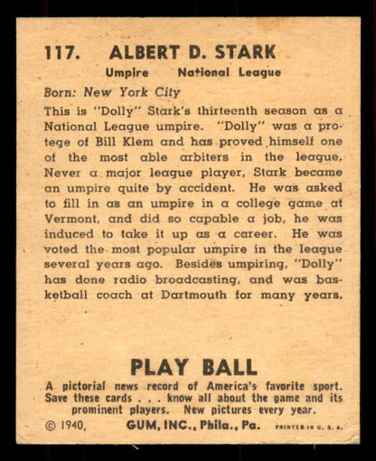1940 Play Ball #117 Dolly Stark Umpire EX-MT 549195