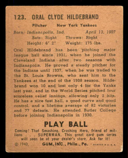 1940 Play Ball #123 Oral Hildebrand Yankees VG-EX 549291