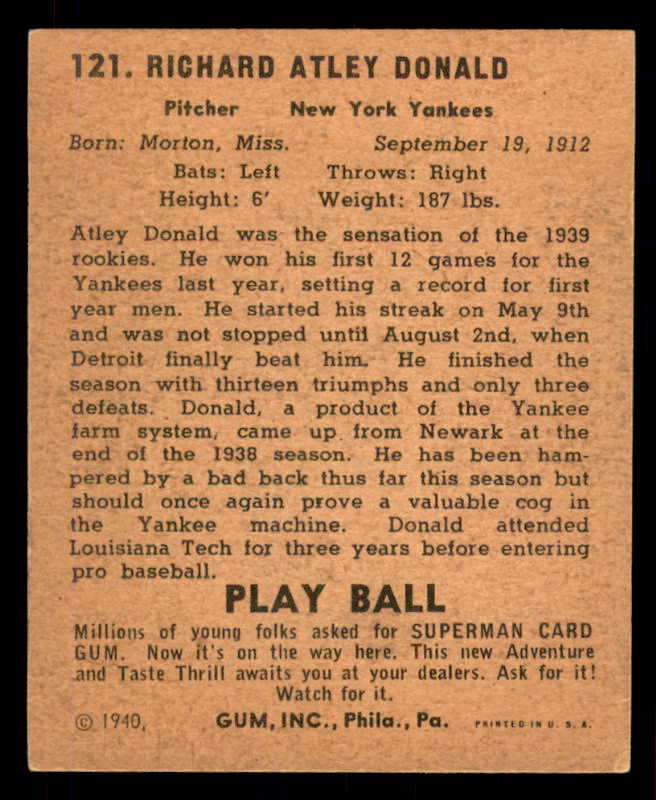1940 Play Ball #121 Atley Donald Yankees VG-EX 549294