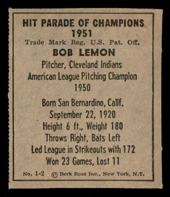 1951 Berk Ross #001-2 Bob Lemon Indians EX-MT 549314