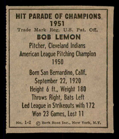 1951 Berk Ross #001-2 Bob Lemon Indians EX-MT 549314