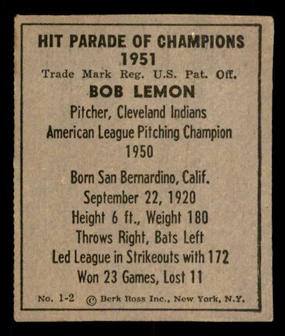 1951 Berk Ross #001-2 Bob Lemon Indians VG-EX 549315