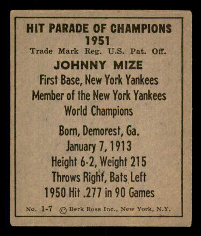 1951 Berk Ross #001-7 Johnny Mize Yankees EX 549316