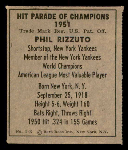 1951 Berk Ross #001-3 Phil Rizzuto Yankees EX 549318