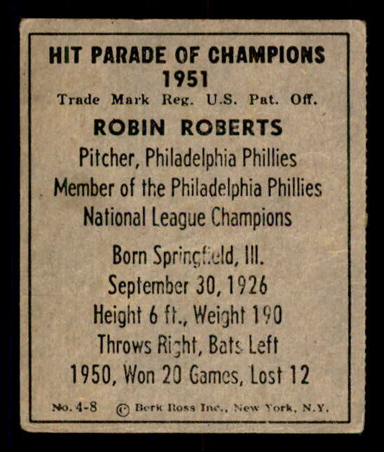 1951 Berk Ross #004-8 Robin Roberts Phillies VG-EX 549320