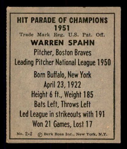 1951 Berk Ross #002-2 Warren Spahn Braves EX 549324