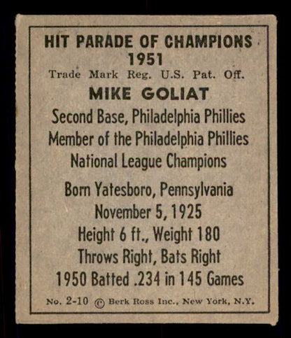 1951 Berk Ross #002-10 Mike Goliat Phillies EX 549328