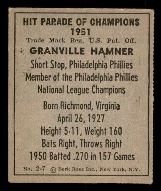 1951 Berk Ross #002-7 Granny Hamner Phillies EX 549330