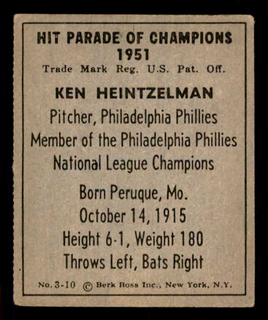 1951 Berk Ross #003-10 Ken Heintzelman Phillies EX 549332