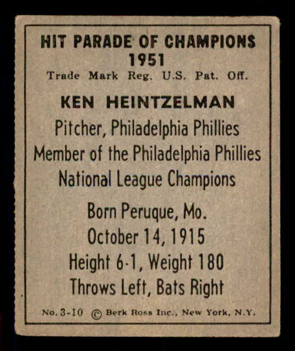1951 Berk Ross #003-10 Ken Heintzelman Phillies EX 549332