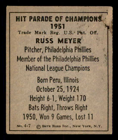 1951 Berk Ross #004-7 Russ Meyer Phillies EX 549335