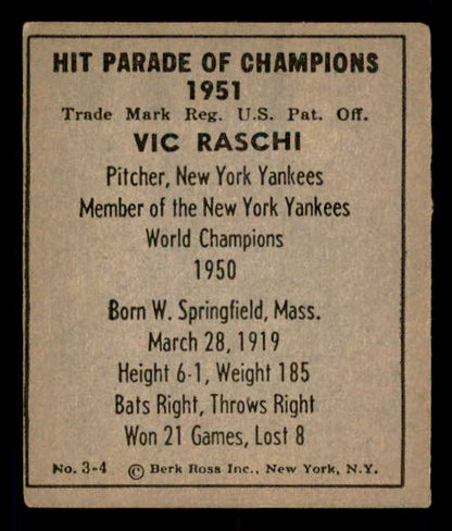 1951 Berk Ross #003-4 Vic Raschi Yankees EX 549337