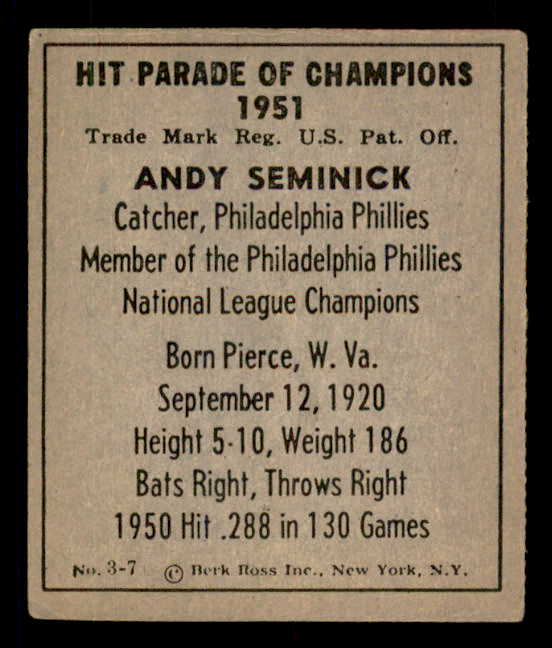 1951 Berk Ross #003-7 Andy Seminick Phillies EX 549338