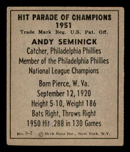 1951 Berk Ross #003-7 Andy Seminick Phillies EX 549338