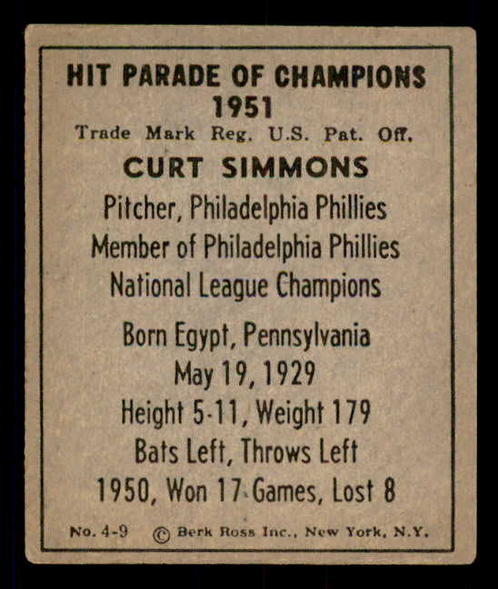1951 Berk Ross #004-9 Curt Simmons Phillies EX 549339