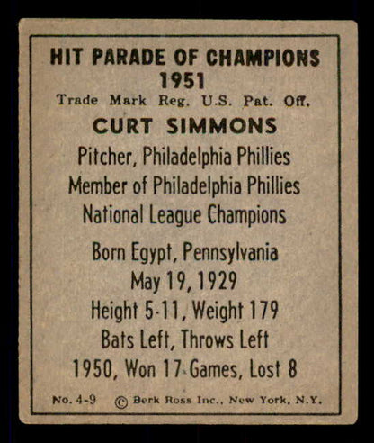 1951 Berk Ross #004-9 Curt Simmons Phillies EX 549339